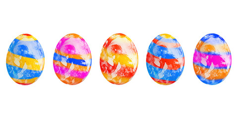 Five colored easter eggs, pink, blue, yellow, red and orange isolated on white background