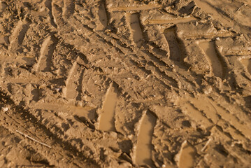 Tractor wheel tracks on wet ground. The beginning of spring field work. Agricultural machinery.