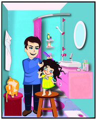 Children in the washroom with her father