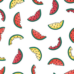 Seamless pattern with hand drawn watermelon slices. Vector illustration. Cute summer fruit background for wrapping paper, textile, card, gift, fabric, wallpaper, banner, packaging, web.