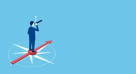 望遠鏡をのぞくビジネスマン、羅針盤と矢印の背景、ベクターイラストレーション