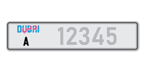 Car number plate Dubai. Vehicle registration license of United Arab Emirates.
