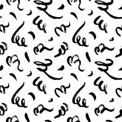 Black paint freehand scribbles vector seamless pattern. Wavy lines and round shapes, dry brush stroke texture. Abstract monochrome wallpaper design, trendy textile print. Wavy and swirled brush stroke