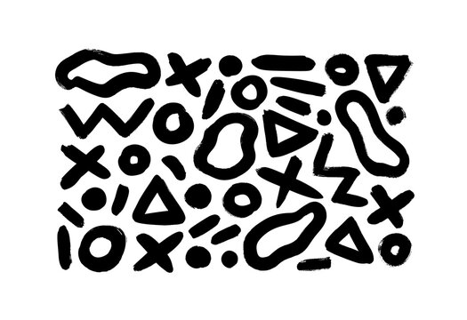 Black dry brushstrokes hand drawn vector set. Curved and zig zag black paint brushstrokes, circles, triangles and dashes. Abstract grunge smears collection with wavy, doodle in memphis style.