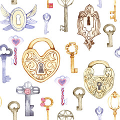 Watercolor keys and locks seamless pattern