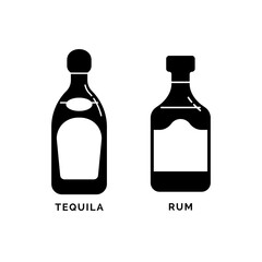 Bottle tequila and rum as silhouette. Alcohol drink drawing. Black white. Alcoholic beverage. Bar menu design. Symbol, logo. Isolated illustration white background. Drink element