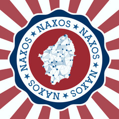 Naxos Badge. Round logo of island with triangular mesh map and radial rays. EPS10 Vector.
