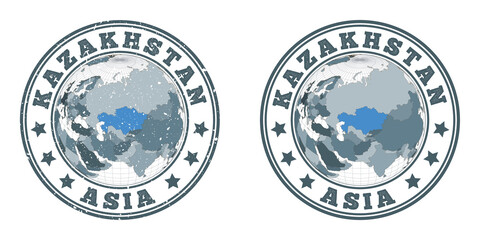 Kazakhstan round logos. Circular badges of country with map of Kazakhstan in world context. Plain and textured country stamps. Vector illustration.
