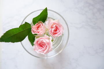 Spring greeting concept. Pink roses in a transparent vase on the white marble background. Wedding, Bridal, Mother's day and Birthday. ピンク薔薇とカード、結婚式、母の日、誕生日のデコレーション背景