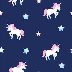 Seamless pattern of unicorns and stars on blue background