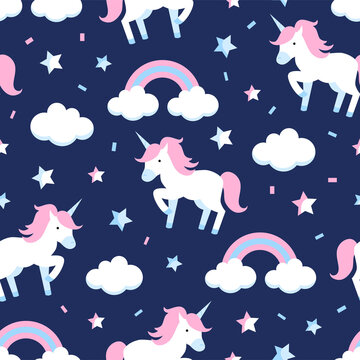 Seamless pattern of unicorns and clouds on blue background © magicmary