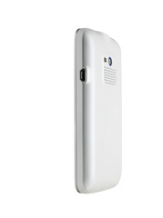 Teléfono  móvil blanco de perfil sobre fondo blanco. White mobile phone in profile on white background.