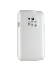 teléfono móvil blanco, parte trasera con cámara sobre fondo blanco. white mobile phone, back side with camera on white background.