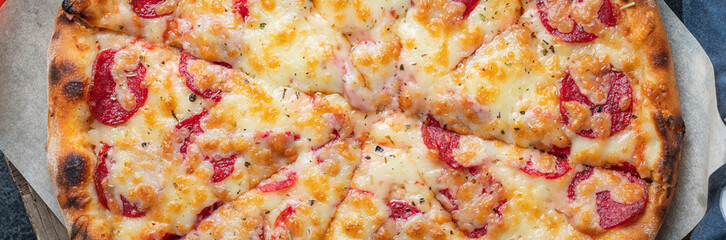 pepperoni pizza tomato sauce and cheese trend meal copy space food background rustic. top view