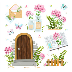 Vector set of cute stickers with delicate flowers, a book, a fern, butterflies, a letter, a bouquet of flowers in a jar. - 424207363