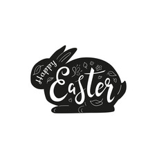 Easter modern greeting card with black rabbit silhouette and hand drawn lettering. - Vector