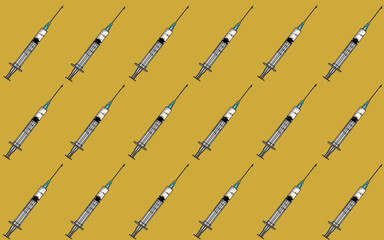 Textura de patrón de jeringa para pinchazos con medicamento sobre fondo amarillo. Ilustración horizontal.