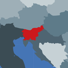 Shape of the Slovenia in context of neighbour countries. Country highlighted with red color on world map. Slovenia map template. Vector illustration.