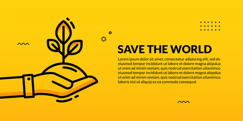 Hand hold plant on yellow background, save the wolrd social media banner template