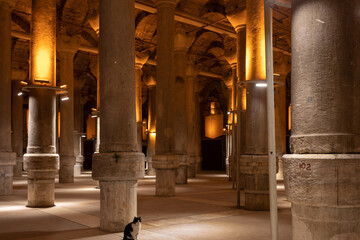 Istanbul, Turkey 3 March 2021. This is the interior of the Basilica Cistern. A lot of stone columns are installed to the ceiling, where they form arches. The columns are slightly lighted.
