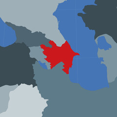 Shape of Azerbaijan highlighted in red on a world map, showing its location in relation to neighboring countries. A vector illustration.