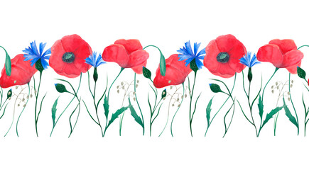 Watercolor hand-drawn seamless border. Wild flowers. Red poppies and cornflowers
