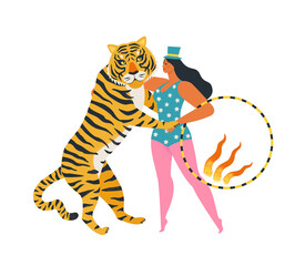 The circus tiger dancing with the woman holding a fiery ring. Enjoy the show. Illustration on white background.