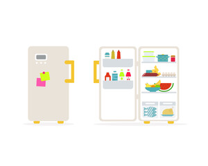 Vector illustration of closed and open full refrigerators isolated on white background.