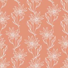 Abstract Flowers Seamless Pattern. Retro Floral Illustration with Classy Typography. Feminine. Modern Template for florist, photographer, fashion blogger, design studio.