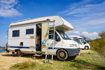 Caravan with ladder. Camper equipment.