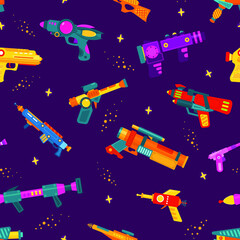 Naklejka premium Seamless pattern with space blasters on purple background. Design for fabric and paper, surface textures.