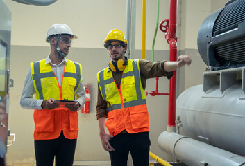 Industrial engineer with worker discussing project at large industry factory,Teamwork.