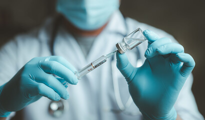 vaccine in researcher hands. Concept fight against covid-19 corona virus doctor or scientist in laboratory holding a syringe with liquid vaccines.