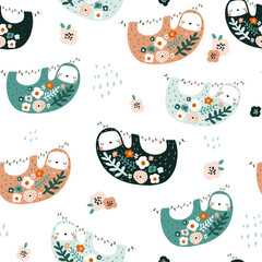Seamless pattern with cute floral sloths. Creative blooming texture. Great for fabric, textile Vector Illustration © solodkayamari