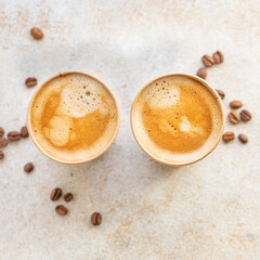 frothy coffee hot fresh disposable paper cup zero waste break meal top view copy space for text food background