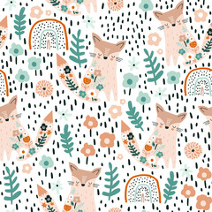 Seamless pattern with cute floral foxes, rainbows and hand drawn textures. Creative blooming texture. Great for fabric, textile Vector Illustration