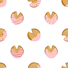 Pattern with Chinese fortune cookies with pink icing. Vector illustration.