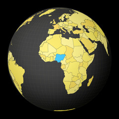 Nigeria on dark globe with yellow world map. Country highlighted with blue color. Satellite world projection centered to Nigeria. Astonishing vector illustration.