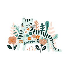 Cute floral tiger with flowers. Childish vector illustration for apparel design, poster, wall art.