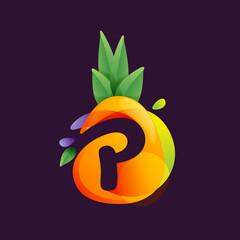 Vivid Pineapple fruit with Letter P negative space logo.