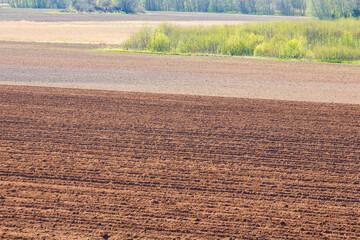 a plowed field on a sunny spring day