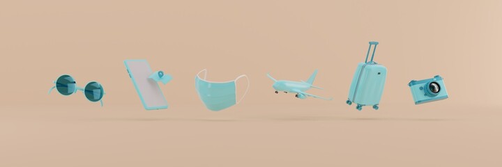3d flat traveling accessories with face mask. protection from corona virus or COVID-19 concept. 3d...