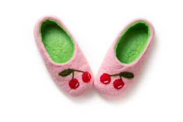 Felt slippers on white background in closeup