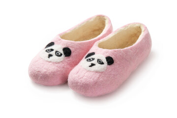 Felt slippers on white background in closeup