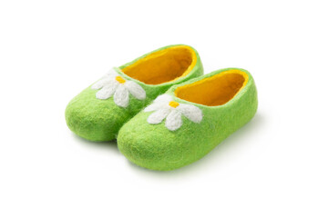 Felt slippers on white background in closeup
