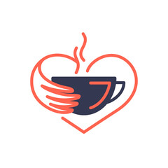 Vector flat heart, hand and cup of hot drink icon
