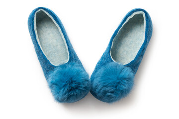 Felt slippers on white background in closeup