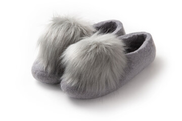 Fototapeta na wymiar Felt slippers on white background in closeup
