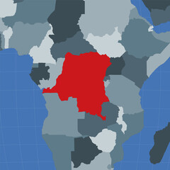 Shape of the DR Congo in context of neighbour countries. Country highlighted with red color on world map. DR Congo map template. Vector illustration.