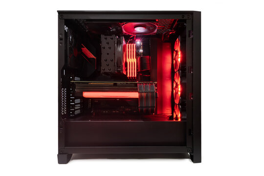 Isolated Black Destop Computer Middle Size Tower with Red LED RGB Light
